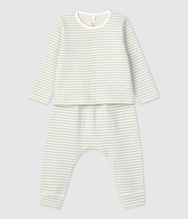 Conjunto de 2 piezas a rayas de tejido t&uacute;bico org&aacute;nico de beb&eacute; blanco/verde