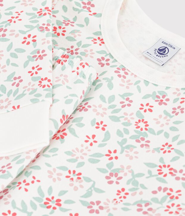 Pijama infantil de mulet&oacute;n con flores blanco/multicolor