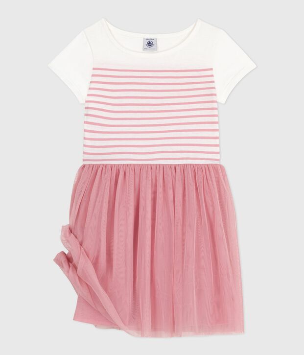 Vestido infantil de manga corta de algod&oacute;n y tul para ni&ntilde;a blanco/rosa