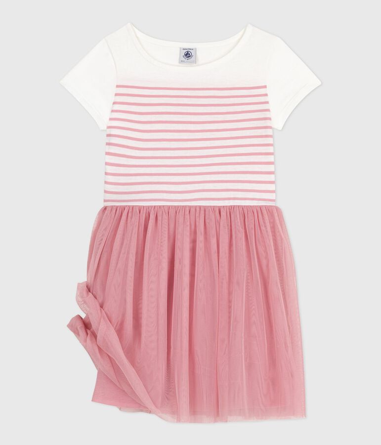 Vestido infantil de manga corta de algod&oacute;n y tul para ni&ntilde;a blanco/rosa