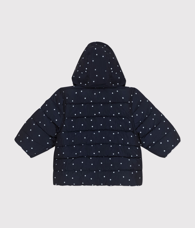 Plum&iacute;fero estampado con capucha plegable para beb&eacute; azul/blanco