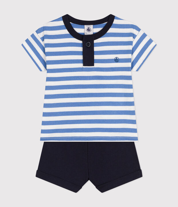Conjunto de camiseta y pantal&oacute;n corto de punto para beb&eacute; azul/blanco