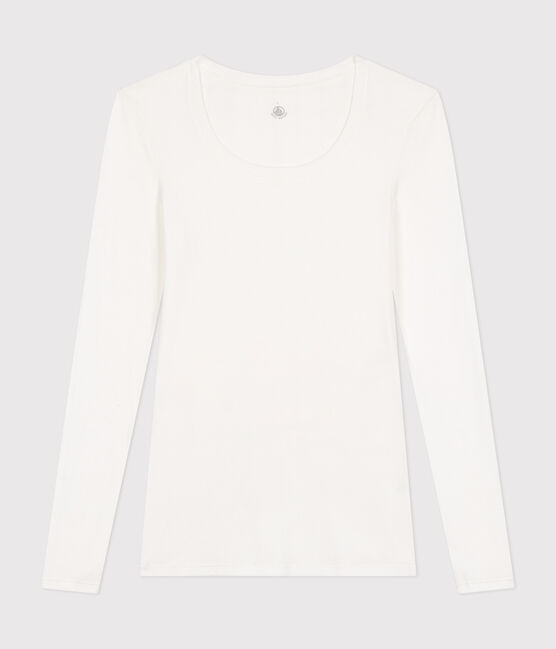Camiseta de algodón de manga larga con cuello de bailarina para mujer   blanco MARSHMALLOW