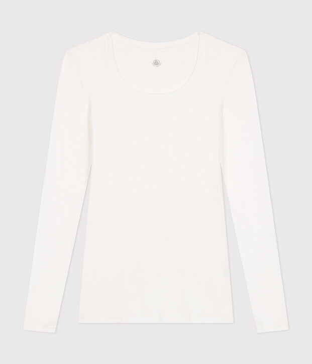 Camiseta de algod&oacute;n de manga larga con cuello de bailarina para mujer blanco
