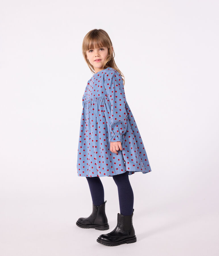 Vestido infantil estampado de pana de manga larga azul/multicolor