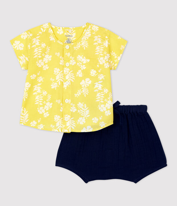 Conjunto de dos piezas con estampado hawaiano de popelina ecol&oacute;gica de beb&eacute; amarillo/blanco