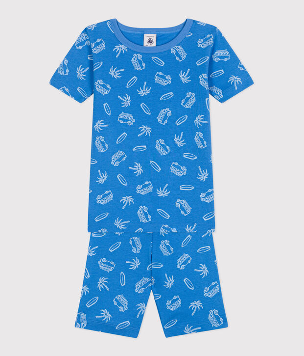 Pijama infantil corto y muy ajustado de algod&oacute;n con estampado de furgonetas azul/blanco