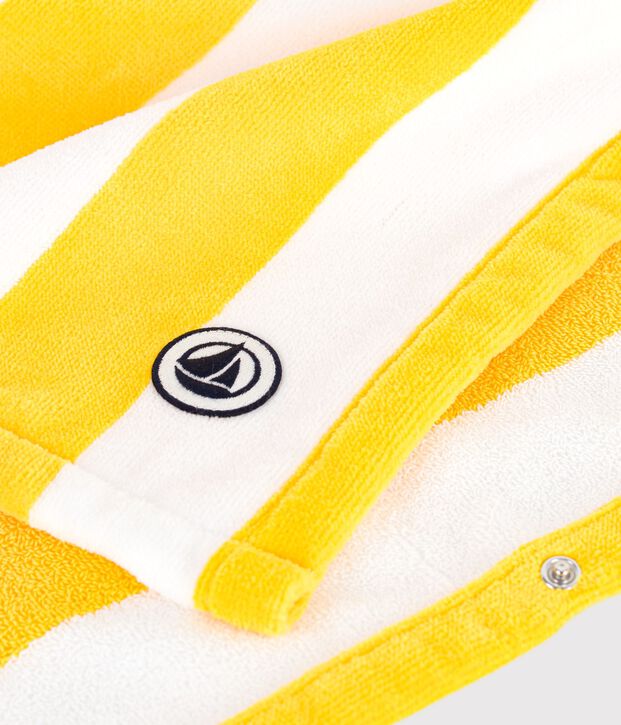 Poncho de ba&ntilde;o infantil de rizo de algod&oacute;n a rayas amarillo/blanco
