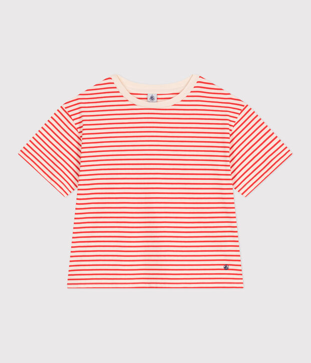 Camiseta Boxy de algod&oacute;n a rayas para mujer rojo/rojo