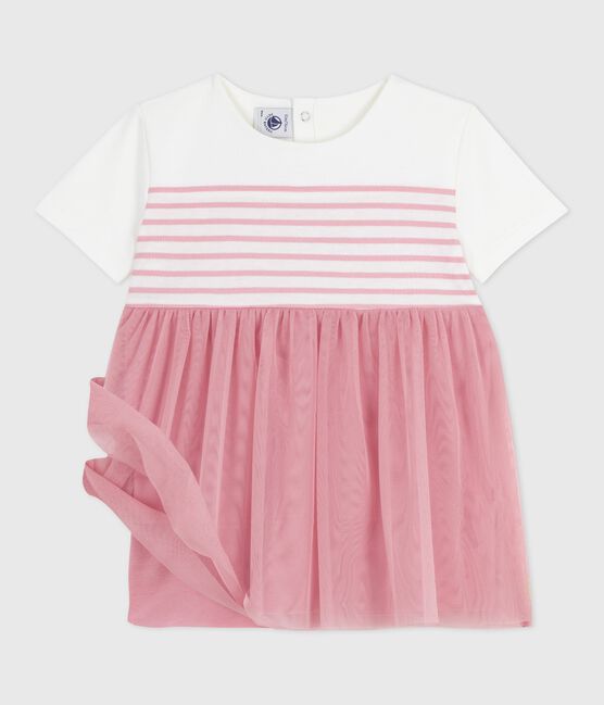 Vestido de manga corta de algodón y tul con parte superior a rayas para bebé blanco MARSHMALLOW/rosa CHARME