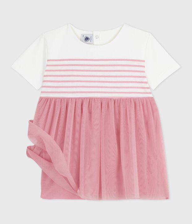 Vestido de manga corta de algod&oacute;n y tul con parte superior a rayas para beb&eacute; blanco/rosa