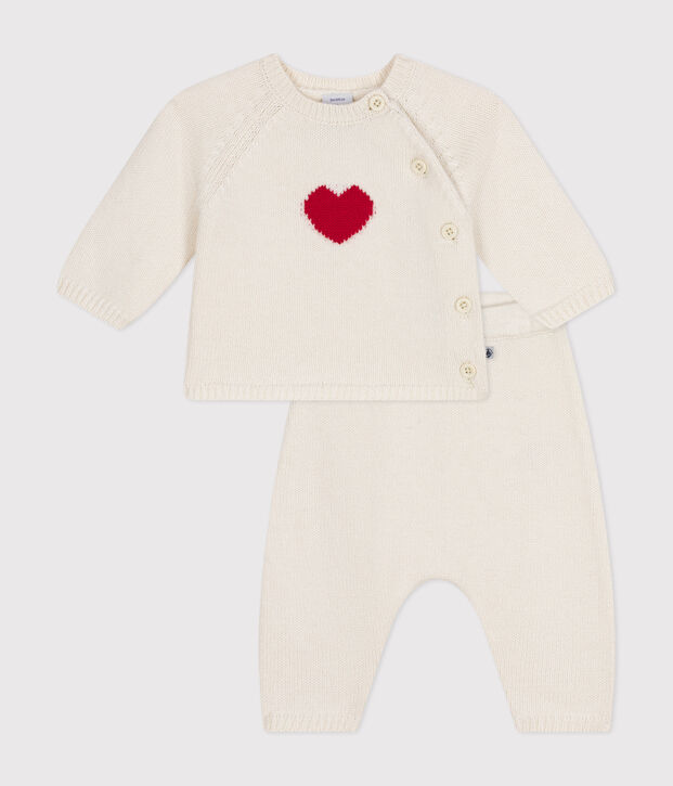 Conjunto de punto de lana y algod&oacute;n con motivo de coraz&oacute;n para beb&eacute; blanco/rojo