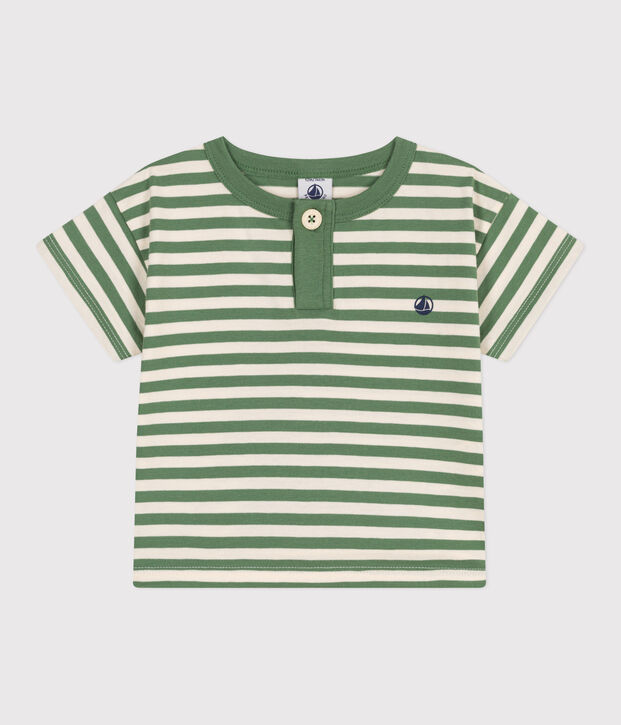 Camiseta de manga corta de algod&oacute;n a rayas para beb&eacute; verde/crudo