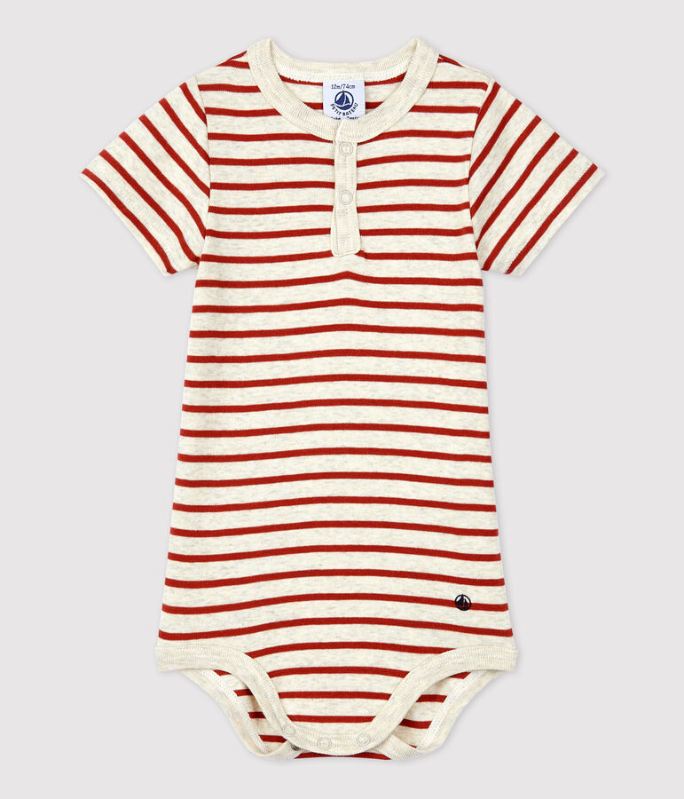 Bodi a rayas con cuello tunecino de algod&oacute;n ecol&oacute;gico de beb&eacute; beige/marron