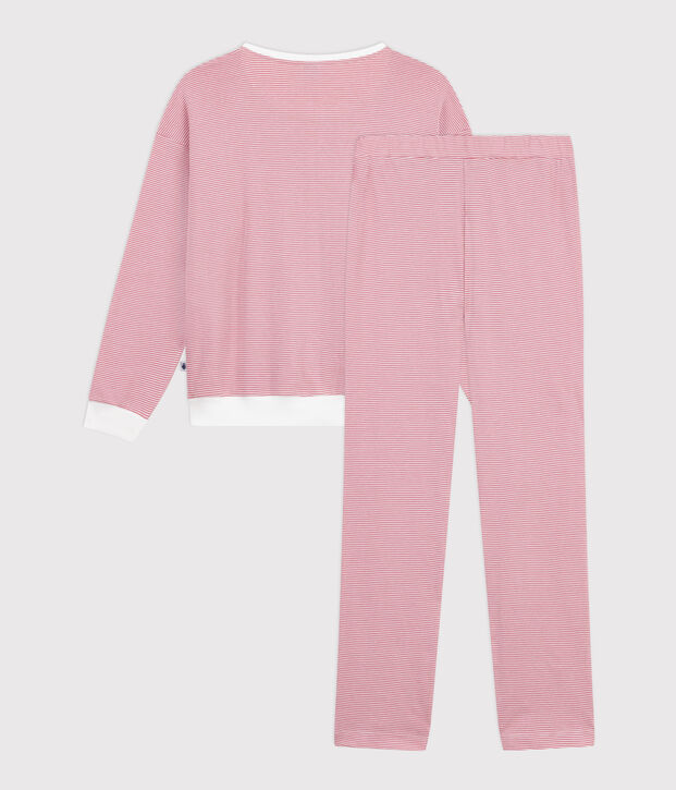 Pijama de algod&oacute;n a rayas para mujer rosa/blanco