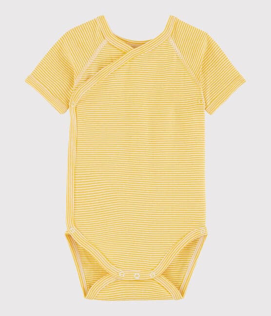 Bodi cruzado de manga corta de bebé niña/niño amarillo HONEY/blanco MARSHMALLOW