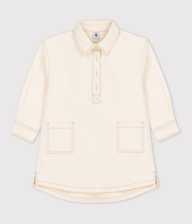Vestido de manga larga de tejido vaquero de ni&ntilde;a crudo