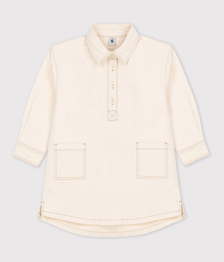 Vestido de manga larga de tejido vaquero de ni&ntilde;a crudo