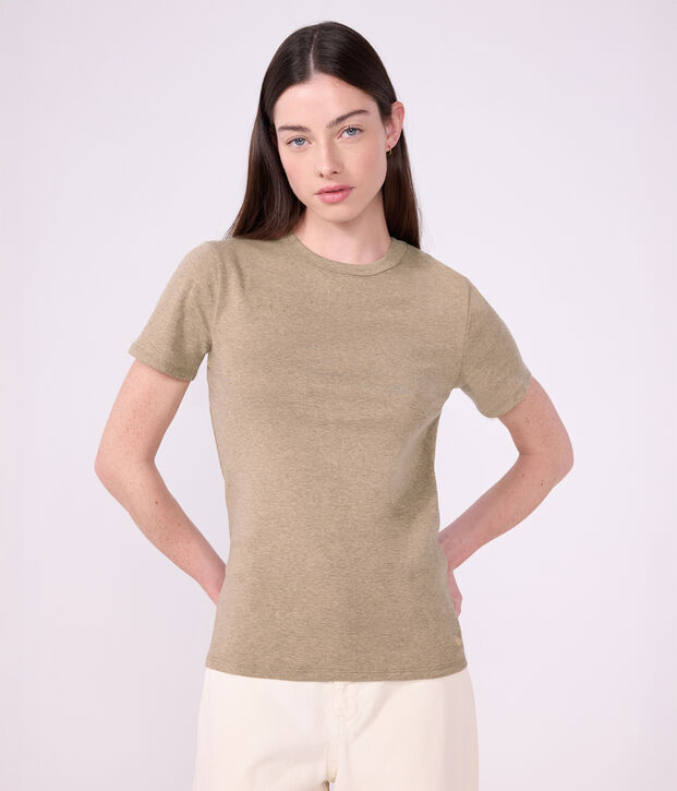 Camiseta lisa de algod&oacute;n de manga corta para mujer beige