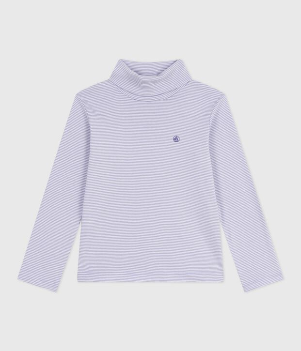 Camiseta infantil de cuello alto de algod&oacute;n a rayas violeta/blanco