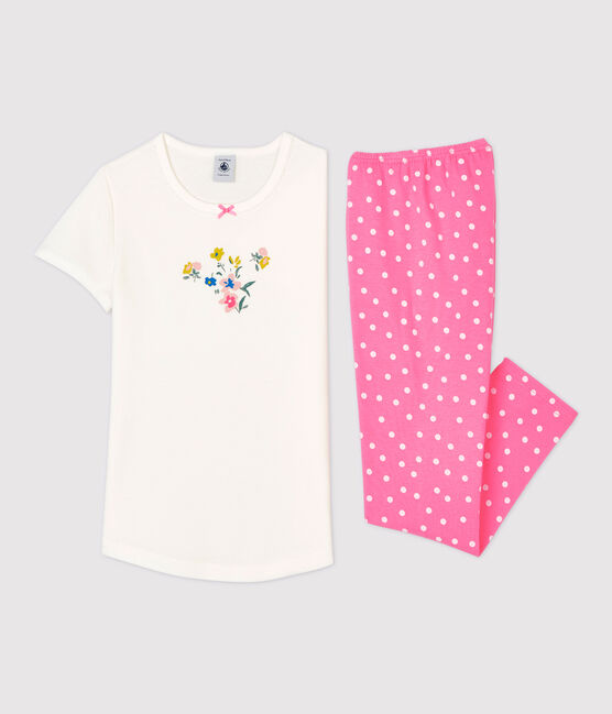 Pijama de manga corta de niña de algodón rosa PETAL/blanco MARSHMALLOW