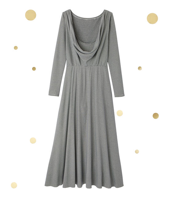 Robe longue femme à manches longues. Petit bateau x Marie-Agnès Gillot azul SMOKING/beige COQUILLE