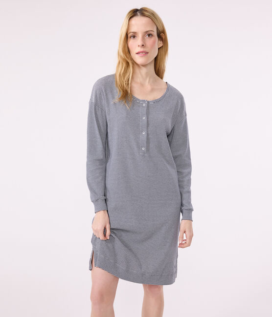 Camisón de algodón a rayas para mujer azul SMOKING/blanco MARSHMALLOW
