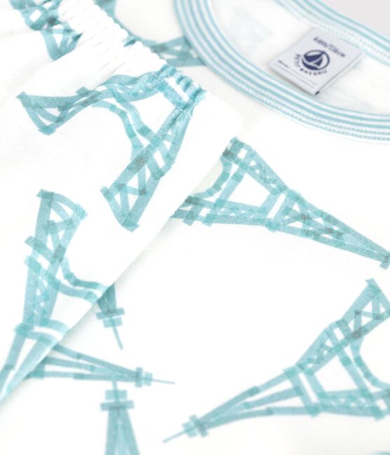 Pijama infantil de algodón de manga corta y pierna larga Torre Eiffel blanco MARSHMALLOW/blanco MULTICO