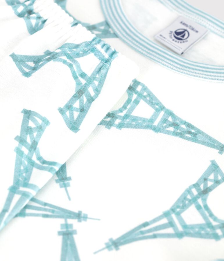 Pijama infantil de algod&oacute;n de manga corta y pierna larga Torre Eiffel blanco/multicolor