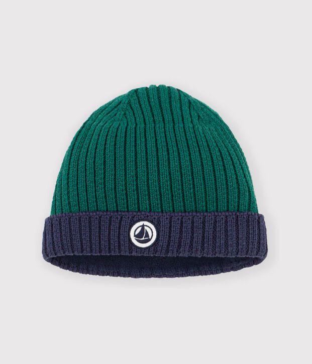 Gorro de punto tricotado bicolor con forro polar para beb&eacute; verde/azul