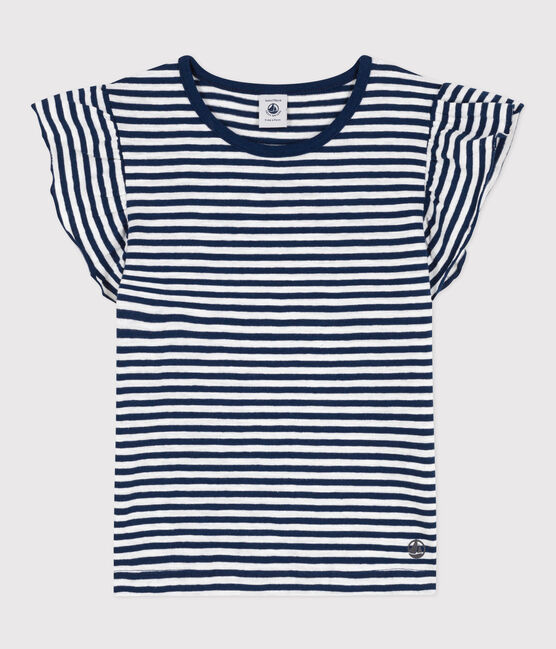Camiseta de algodón a rayas para niña azul MEDIEVAL/blanco MARSHMALLOW