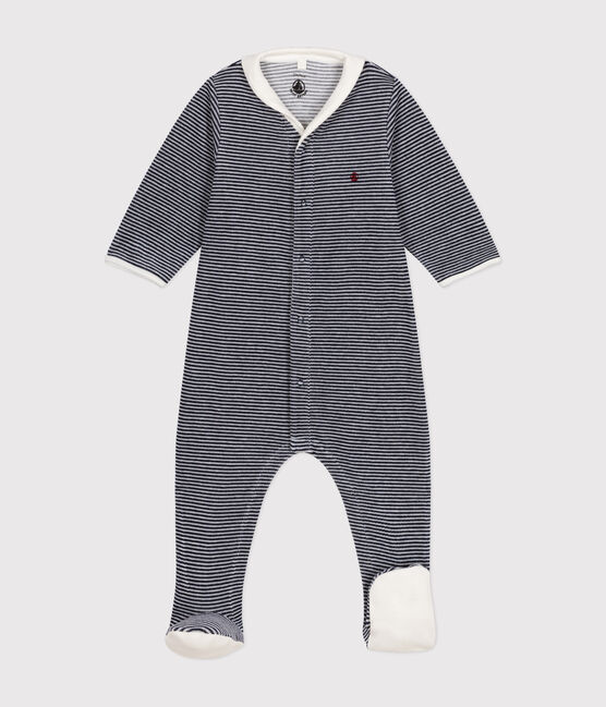 Pijama de terciopelo milrayas para bebé azul SMOKING/blanco MARSHMALLOW