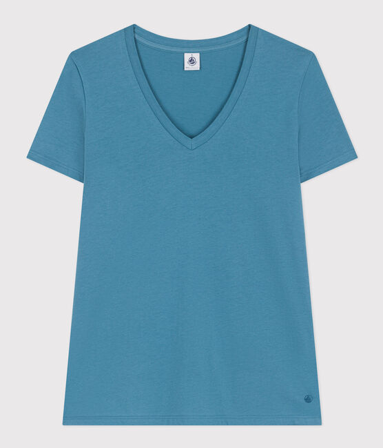 Camiseta LA RECTA de algodón con cuello de pico para mujer azul POLOCHON