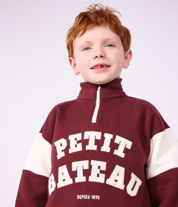 Sudadera infantil lisa colorblock de algod&oacute;n con cremallera en el cuello rojo/crudo