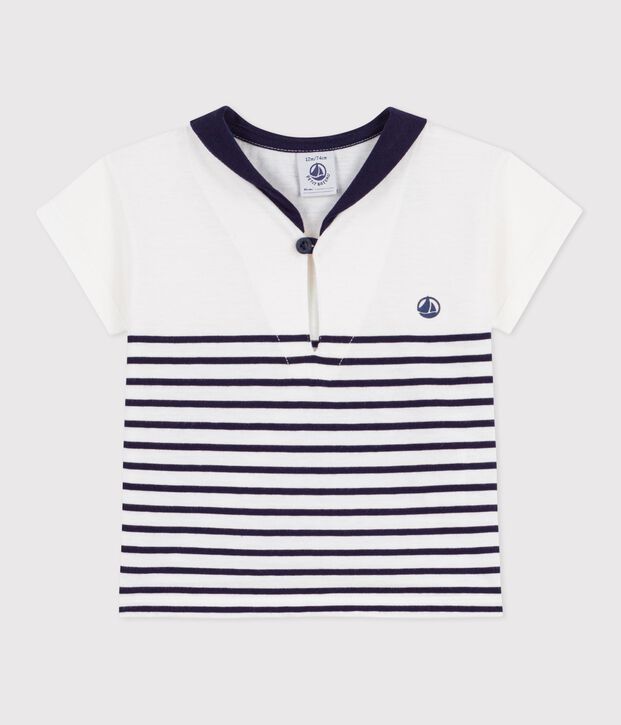 Camiseta de algod&oacute;n de manga corta a rayas marineras para beb&eacute; azul/azul