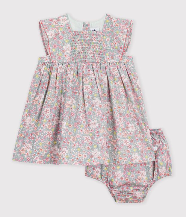 Vestido de algod&oacute;n de manga corta y pololo con estampado de flores para beb&eacute; azul/multicolor