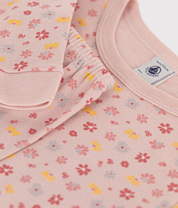 Pijama infantil ajustado de algod&oacute;n con estampado de flores rosa/blanco