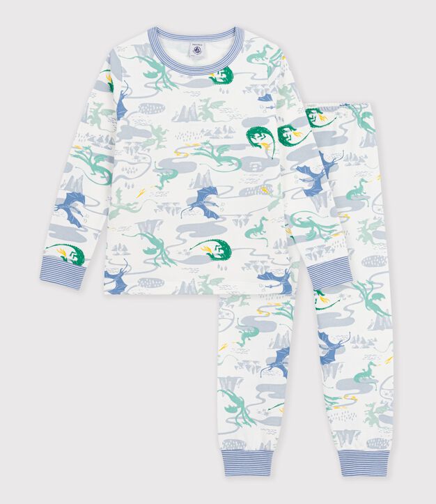 Pijama infantil de mulet&oacute;n con estampado de dragones blanco/multicolor