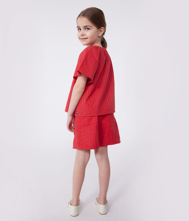 Blusa infantil de manga corta de algod&oacute;n con motivo de flores rojo