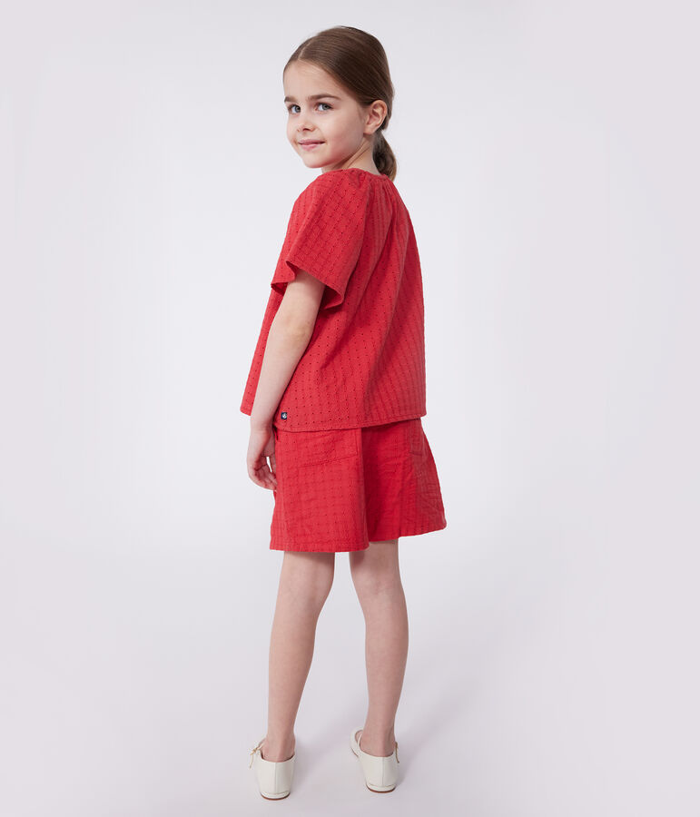 Blusa infantil de manga corta de algod&oacute;n con motivo de flores rojo