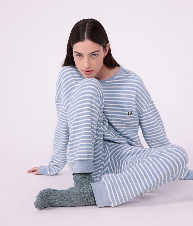 Pijama de rizo de algod&oacute;n a rayas para mujer azul/crudo