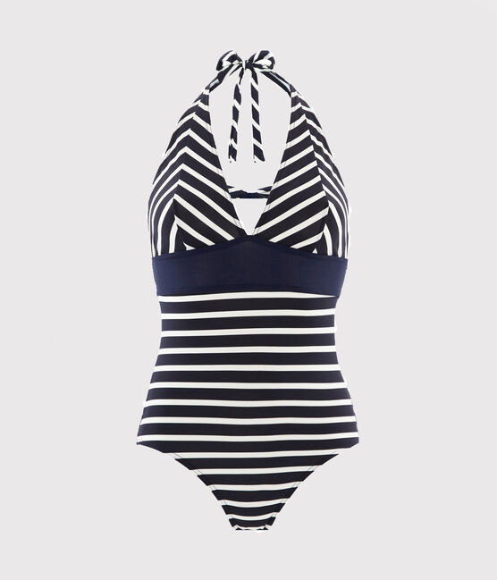 Traje de baño de 1 pieza de rayas de mujer azul SMOKING/blanco MARSHMALLOW