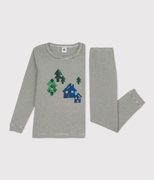 Pijama de algod&oacute;n a rayas para ni&ntilde;o/ni&ntilde;a verde/blanco
