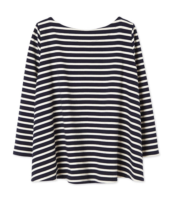Top de mujer marinero en punto grueso azul SMOKING/beige COQUILLE