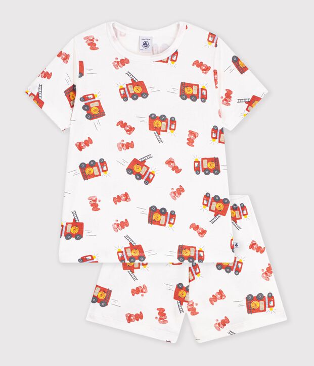Pijama corto infantil de algod&oacute;n con estampado de bombero blanco/multicolor
