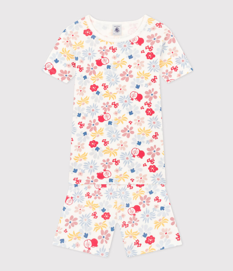 Pijama infantil corto y ajustado de algod&oacute;n con estampado de flores blanco/multicolor