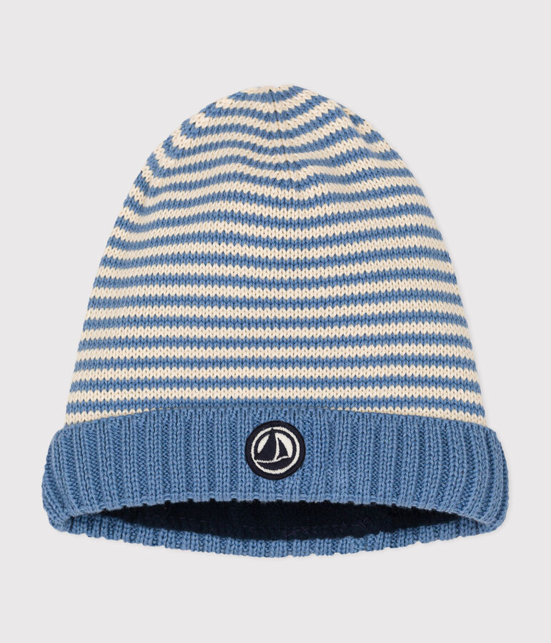 Gorro de punto tricotado con forro polar para beb&eacute; azul/crudo