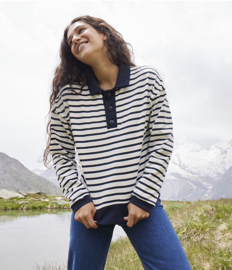 Marinera tipo polo de algod&oacute;n para mujer blanco/azul