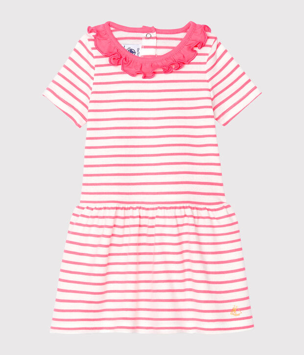 Vestido de rayas con collar&iacute;n para beb&eacute; ni&ntilde;a blanco/rosa