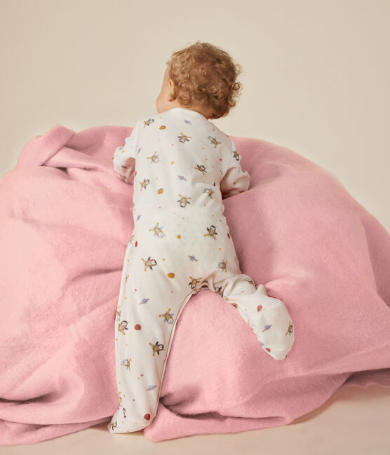 Pijama de terciopelo con estampado de pingüino en el espacio para bebé blanco MARSHMALLOW/blanco MULTICO